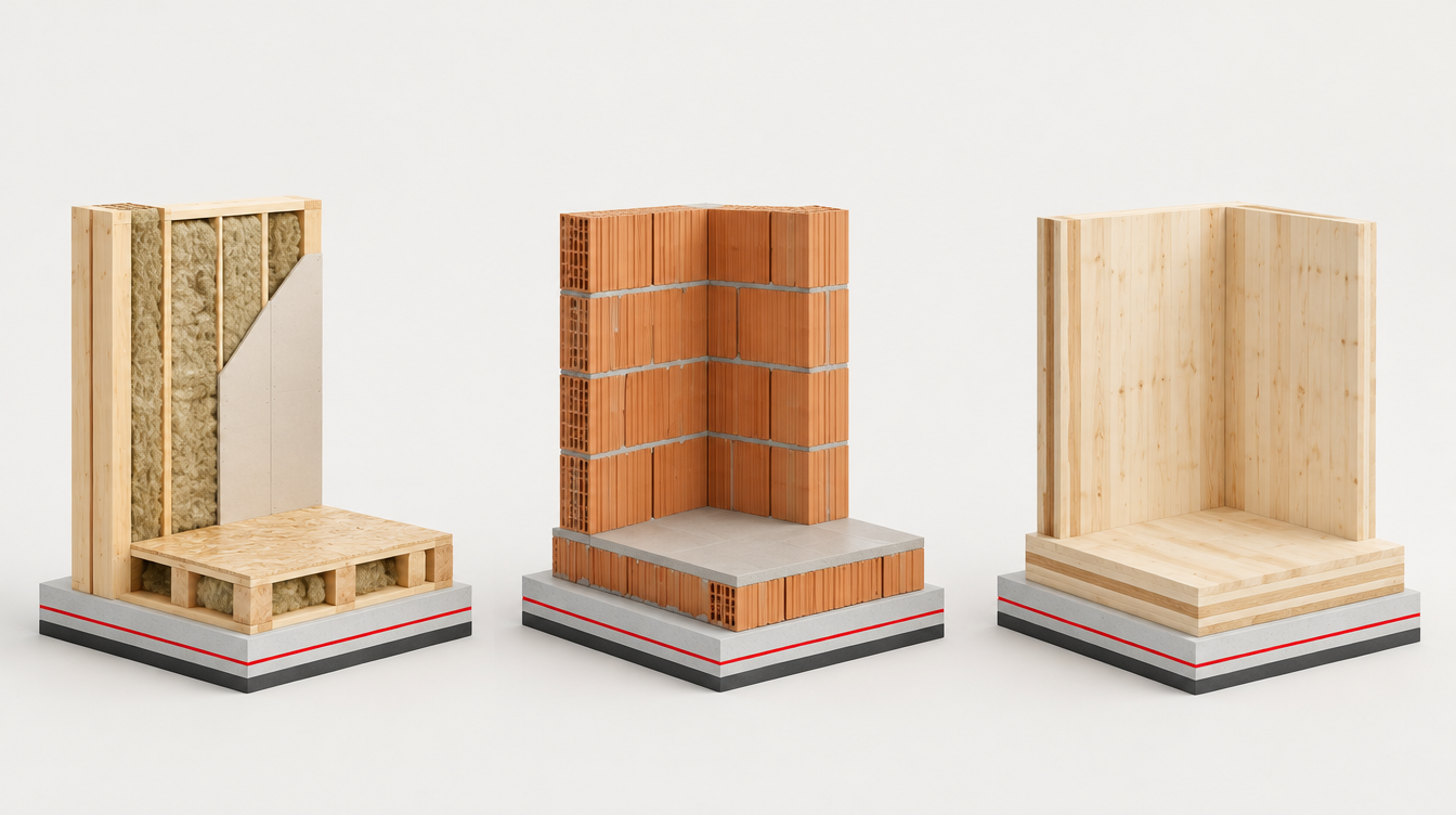 Schematische Architekturmodelle: Holzrahmen mit Dämmung, Ziegelmauerwerk und Massivholz